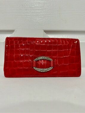 Brighton Red Croc-Embossed Leather Clutch Wallet On Chain  with Silver Accent